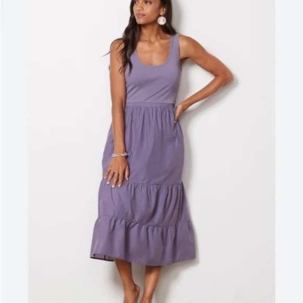 Evereve Purple Mixed Media Tiered Midi Dress Sleeveless Cotton Size Small